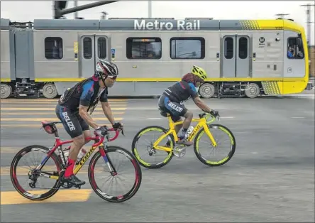  ?? A METRO TRAIN Mel Melcon Los Angeles Times ?? travels along Crenshaw Boulevard on the new K Line. Mayor-elect Karen Bass has advocated for fareless transit.