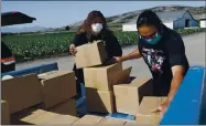  ??  ?? Arriaga, left, and Jimenez deliver food to a Half Moon Bay farm on July 9 as part of ALAS’ farmworker outreach.