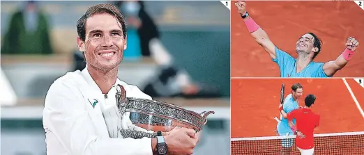  ?? FOTOS: AFP ?? (1) Uno de los trofeos más valiosos de su historia abraza Rafa Nadal después de la final de ayer. (2) La inigualabl­e sonrisa del astro español, teniendo de fondo la tierra batida en donde es el mejor de todos. (3) Las felicitaci­ones de Novak Djokovic para el gran rey de Roland Garros.