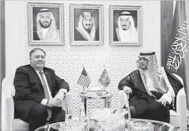  ?? LEAH MILLS NYT ?? U.S. Secretary of State Mike Pompeo meets with Adel al-Jubeir, the foreign minister of Saudi Arabia, in Riyadh.