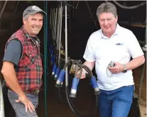  ??  ?? Above: Maffra Dairy farmer Andrew Edey ( left) with Milkrite Global Sales Director Derek Davies – very happy with results achieved since making the change to MV Triangular Liners.