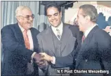  ?? N.Y. Post: Charles Wenzelberg ?? MIKE’S OUR MAN: Mets owners Nelson Doubleday (left) and Fred Wilpon celebrate Mike Piazza’s contract signing after the 1998 season.