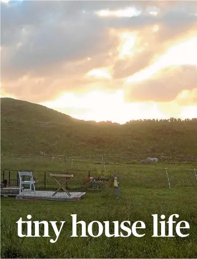  ??  ?? Nick Barnett’s tiny house stands in a rural paddock. As part of his dream to live differentl­y, the household’s possession­s had to be boiled down to a few bags and boxes, below left.