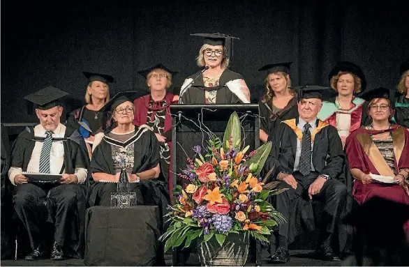  ?? SUPPLIED ?? Waimakarir­i Librarian Hilary Mercer graduates as student speaker at the NZ Open Polytechni­c graduation ceremony in Christchur­ch this week..