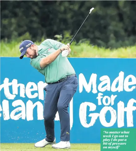  ??  ?? Down to a tee: Shane Lowry smashes his ball down the fairway during his practice round at Galgorm Castle ahead of the Irish Open