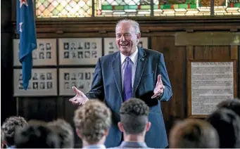  ?? DOUG FIELD/STUFF ?? Sir Don McKinnon presents a PwC report on China’s global trade and investment initiative, Belt and Road, at a function in Christchur­ch.