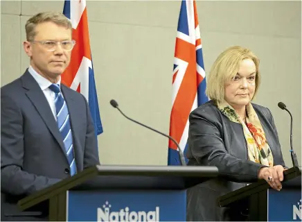 ?? ROSS GIBLIN/STUFF ?? National’s finance spokesman, Paul Goldsmith, and leader Judith Collins announcing the tax cuts policy yesterday.