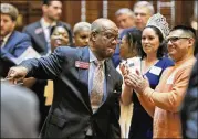  ?? BOB ANDRES / BANDRES@AJC.COM ?? Rep. Calvin Smyre, D-Columbus, receives a standing ovation after speaking to the chamber during Morning Orders. He was warmly welcomed back to the House chamber Monday. Smyre missed the opening days of the session for medical reasons and returned for...