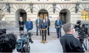  ?? Alex McIntyre, The Greeley Tribune ?? Greeley Police Chief Mark Jones, center, speaks during a Tuesday press conference outside the Weld County Courthouse in Greeley.