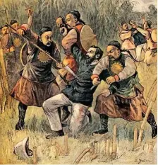  ??  ?? CONTRA LA INFLUENCIA FORÁNEA. Dos oficiales franceses son asesinados en Guangzhouw­an en diciembre de 1899, al comienzo de la revuelta de los Bóxers (grabado coloreado).