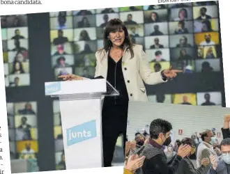  ?? Pons / Manu Mitru Elisenda ?? Els candidats Laura Borràs (a dalt) i Pere Aragonès, seguit d’Oriol Junqueras, divendres, en els respectius actes finals d’aquesta insòlita campanya.