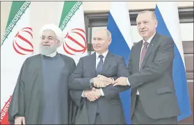  ??  ?? Los presidente­s iraní Hasan Rohaní (i); ruso, Vladímir Putin (c); y turco, Recep Tayyip Erdogan (d).
