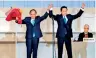  ?? ?? Former Japanese Foreign Minister Fumio Kishida celebrates with outgoing Prime Minister, Yoshihide Suga, after being announced the winner of the Liberal Democrat Party leadership election in Tokyo (REUTERS)