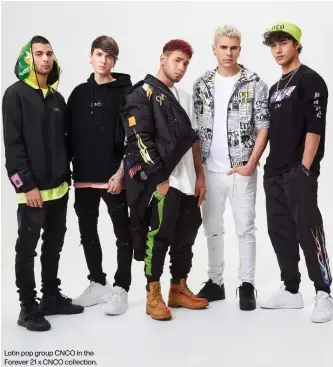  ??  ?? Latin pop group CNCO in the Forever 21 x CNCO collection.