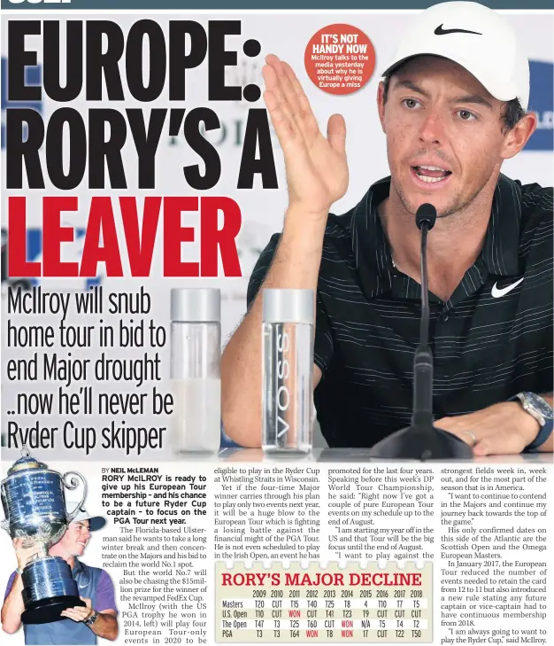  ??  ?? IT’S NOT HANDY NOW Mcilroy talks to the media yesterday about why he is virtually giving Europe a miss