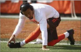  ?? ASSOCIATED PRESS FILE ?? Browns cornerback Joe Haden stretches before a game against the Ravens in Cleveland. Haden, who has a strained groin, may miss Sunday’s game at Miami.