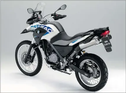 ??  ?? The BMW G 650 GS Sertao focuses on its off-road bona fides. It rides on a 21-inch front wheel and suspension is 210 millimetre­s at both ends.
