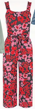  ??  ?? Red floral print cropped jumpsuit, £14, George.