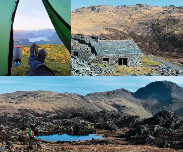  ??  ?? Clockwise from top left: A room with a view on Low Fell, Dubs Hut beneath Fleetwith Pike; the view down Buttermere and Crummock Water; exploring the summit of Haystacks, with Great Gable beyond.