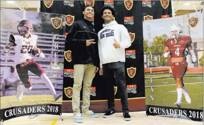  ??  ?? ABOVE: Faith Lutheran seniors Greg Oliver, left, and Sebastian Burke are heading to college to play football. Oliver will play at Portland State, Burke at San Diego.