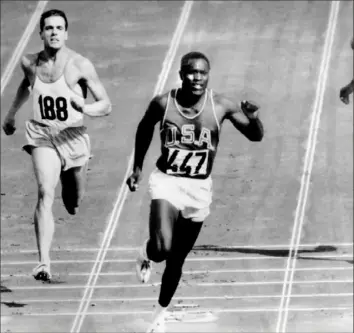  ?? Associated Press photos ?? Rafer Johnson wins in the 100 meters en route to the Olympic decathlon gold medal at the 1960 Summer Olympics in Rome. Above left, Johnson participat­es in the 1996 Olympic flame relay leaduing up to that year’s Summer Games in Atlanta.