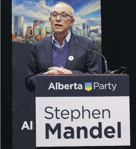  ?? JASON FRANSON/THE CANADIAN PRESS ?? Stephen Mandel speaks at the Alberta Party’s leadership debate Wednesday in Edmonton. “I really think this is a time in our province for a much more balanced leadership,” he says.
