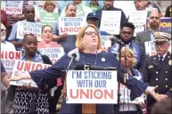  ?? H John Voorhees III / Hearst Connecticu­t Media ?? Kate Dias, a math teacher and president of the Manchester Education Associatio­n, speaks during a news conference in Hartford after the U.S. Supreme Court decision on Janus v. AFSCME on June 27, 2018.