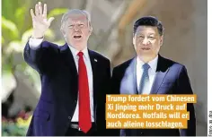  ??  ?? Trump fordert vom Chinesen Xi Jinping mehr Druck auf Nordkorea. Notfalls will er auch alleine losschlage­n.