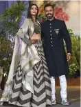  ??  ?? WEDDING WARDROBE: (L-R) For the mehendi at home, the bride wore a traditiona­l sharara by Anuradha Vakil; Next, the classic chikan look, courtesy Abu Jani-Sandeep Khosla; For the wedding ceremony, she chose a sindoor red lehenga, again by Anuradha...