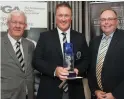  ??  ?? Michael McCumiskey, PGA; defending champion and 2018 winner Michael McGeady and Ciaran O’Neill, Bishop’s Gate Hotel