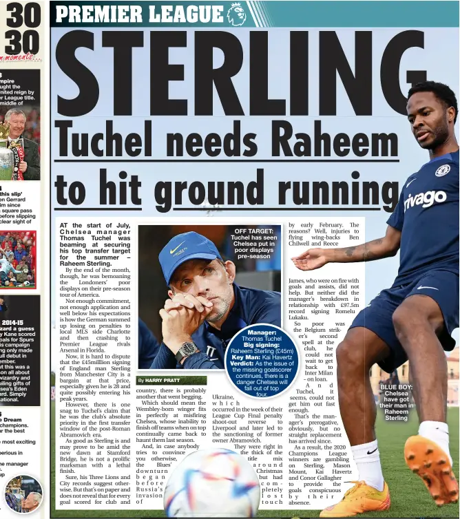  ?? ?? By
OFF TARGET: Tuchel has seen Chelsea put in poor displays pre-season
BLUE BOY: Chelsea have got their man in Raheem Sterling