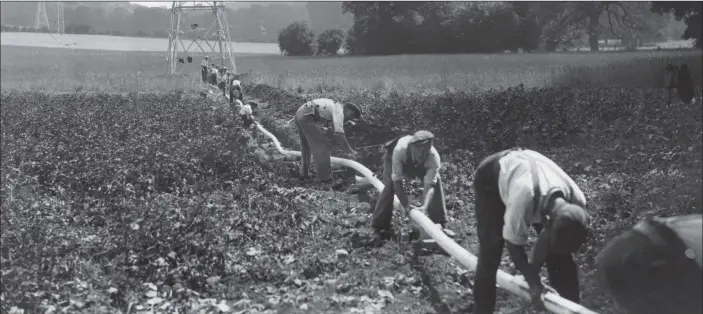  ?? PICTURE: GETTY IMAGES ?? DOING THE GROUNDWORK: Workmen laying two 33,000-volt cables to connect the pylons either side of the 220ft-wide river at Mapledurha­m in Berkshire in August 1933.