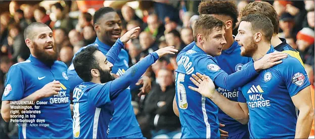  ?? PICTURE: Action Images ?? INFLUENTIA­L: Conor Washington, far right, celebrates scoring in his Peterborou­gh days