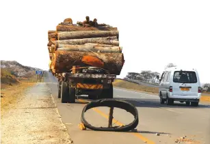  ??  ?? The driver of a truck loaded with logs that broke down along Bulawayo road in Norton last week posed a danger to other motorists by using an old tyre as a breakdown triangle. — Picture Memory Mangombe