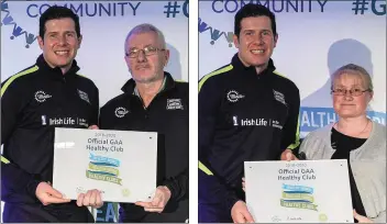  ??  ?? ABOVE: Jim McCarthy from St John’s Volunteers, left, and Caroline Kavanagh from Castletown Liam Mellows, right, being presented with the Official Healthy Club Award by Healthy Clubs ambassador and ex-Tyrone footballer Seán Kavangh at Croke Park. RIGHT:...