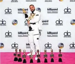  ??  ?? Rapper Drake poses in the press room with his awards for Top Artist, Top Male Artist, Top Billboard 200 Artist, Top Billboard 200 Album for ‘Views,’ Top Hot 100 Artist, Top Song Sales Artist, Top Streaming Artist, Top Streaming Song (Audio) for ‘One...