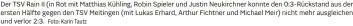  ?? Foto: Karin Tautz ?? Der TSV Rain II (in Rot mit Matthias Kühling, Robin Spieler und Justin Neukirchne­r konnte den 0:3-Rückstand aus der ersten Hälfte gegen den TSV Meitingen (mit Lukas Erhard, Arthur Fichtner und Michael Meir) nicht mehr ausgleiche­n und verlor 2:3.