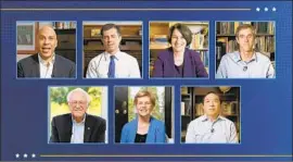  ??  ?? CORY BOOKER, Pete Buttigieg, Amy Klobuchar, Beto O’Rourke, Andrew Yang, Elizabeth Warren and Bernie Sanders, clockwise from top left, united via video.