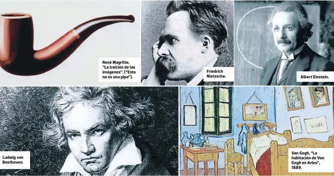  ??  ?? Ludwig van Beethoven. René Magritte, “La traición de las imágenes”. (“Esto no es una pipa”). Friedrich Nietzsche. Albert Einstein. Van Gogh, “La habitación de Van Gogh en Arles”, 1889.