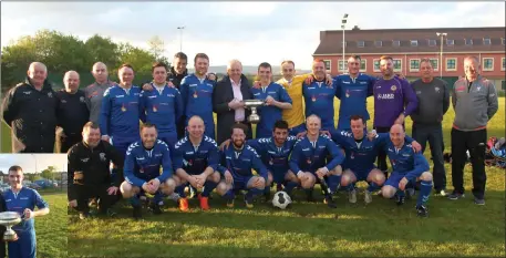  ??  ?? Carbury crowned champions. Left: Kevin Mc Glynn Managing Director Sligo Southern Hotel Presenting the Super League Cup to Carbury FC Captain Gary Finan
