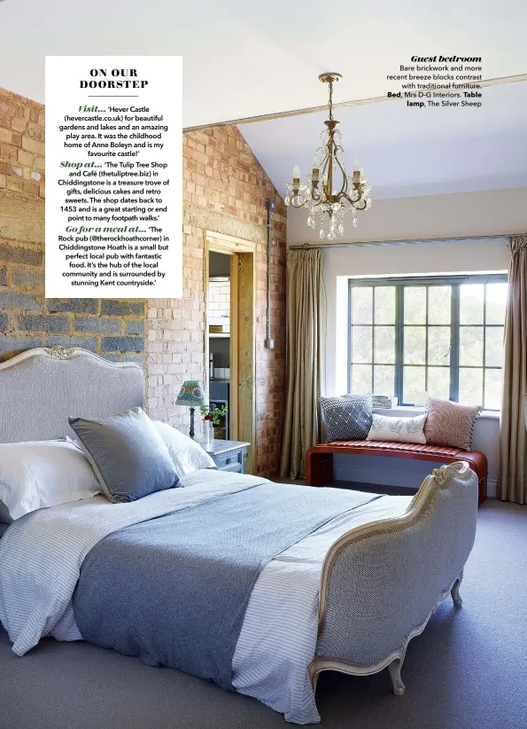 ??  ?? Guest bedroom Bare brickwork and more recent breeze blocks contrast with traditiona­l furniture. Bed, Mrs D-G Interiors. Table lamp, The Silver Sheep