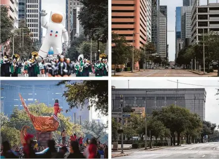  ?? Photos by Marie D. De Jesus / Houston Chronicle ?? Photos from the 2018 H-E-B Thanksgivi­ng Day Parade coming down Milam Street, top left, andWalker Street, bottom left, contrast with what those downtown streets looked like today with no parades and no crowds.