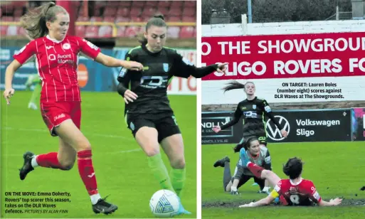  ?? PICTURES BY ALAN FINN ?? ON TARGET: Lauren Boles (number eight) scores against DLR Waves at The Showground­s.