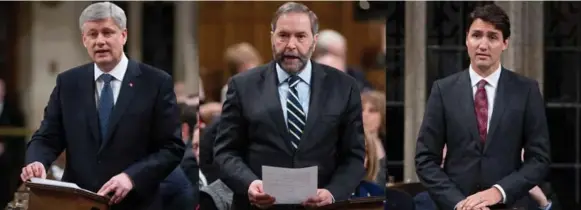  ?? ADRIAN WYLD/THE CANADIAN PRESS FILE PHOTO ?? Right now, NDP Leader Tom Mulcair, centre, is making a far more compelling case than Liberal Leader Justin Trudeau, right, as the real threat to Prime Minister Stephen Harper, Tim Harper says.