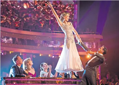  ??  ?? Brendan Cole and Charlotte Hawkins, the Good Morning Britain presenter, do their best to upstage their rivals during last night’s Strictly Come Dancing