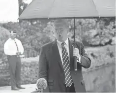  ?? NICHOLAS KAMM, AFP/GETTY IMAGES ?? President Trump speaks to journalist­s before departing for North Dakota on Wednesday.