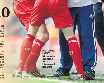  ??  ?? NO LOVE LOST: Mourinho clashes with Liverpool players