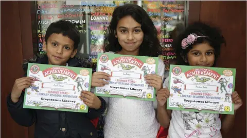  ??  ?? Pictured at the Summer Stars Reading award ceremony in Greystones Library were Ansh and Ivy Bisht and Rachel John.