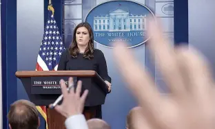  ?? Olivier Douliery/Abaca Press/TNS ?? White House Press Secretary Sarah Sanders speaks during a briefing Oct. 31 at the James Brady Press Briefing Room of the White House in Washington, D.C.