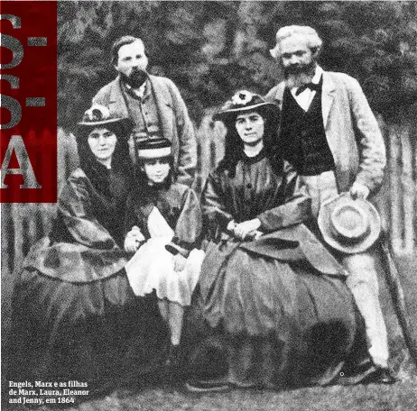  ?? Reprodução ?? Engels, Marx e as filhas de Marx, Laura, Eleanor and Jenny, em 1864